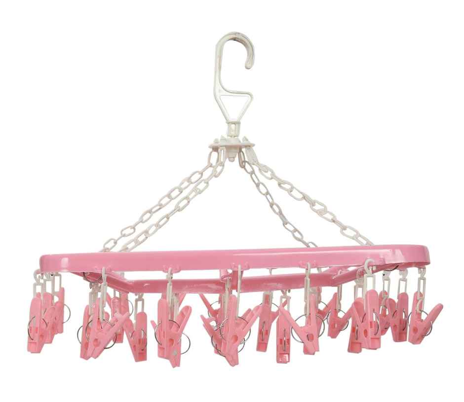 Kuber Industries Cloth Drying Hanger Rack (32 Clips) | 360 Degree Portable & Rotatable | Pink
