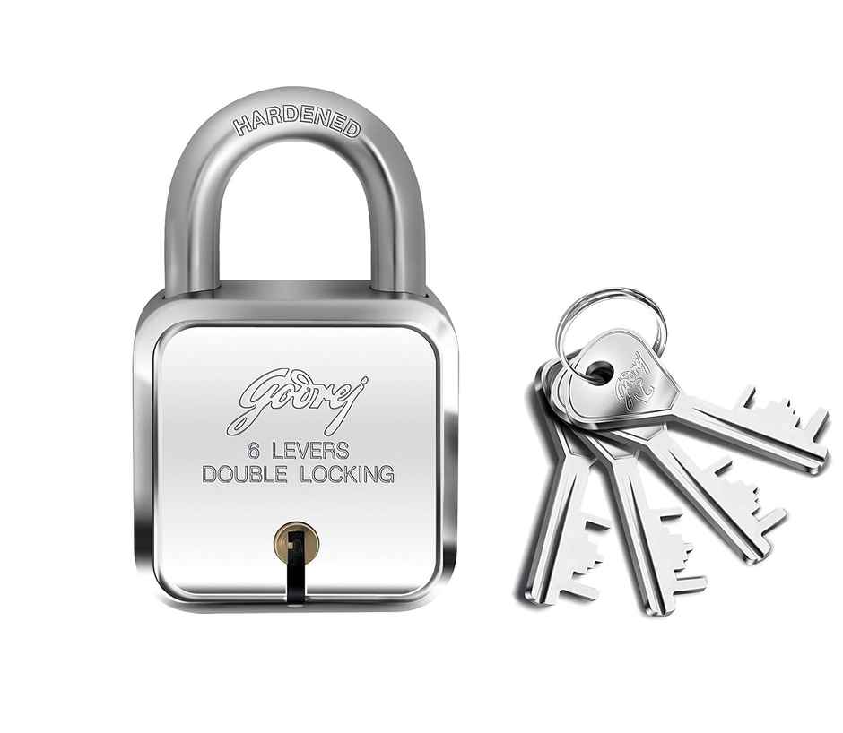 Godrej Locks I Square 6 levers 50 mm 4 Key Padlock for Main Door Corrosion Resistant Shackle Silver