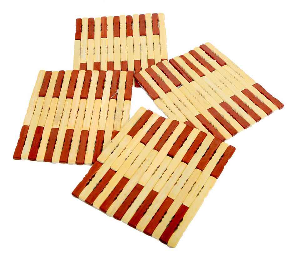 Kuber Industries Set of 2 Pencil Design Square Bamboo Coasters for Home Pan Pot (Brown)
