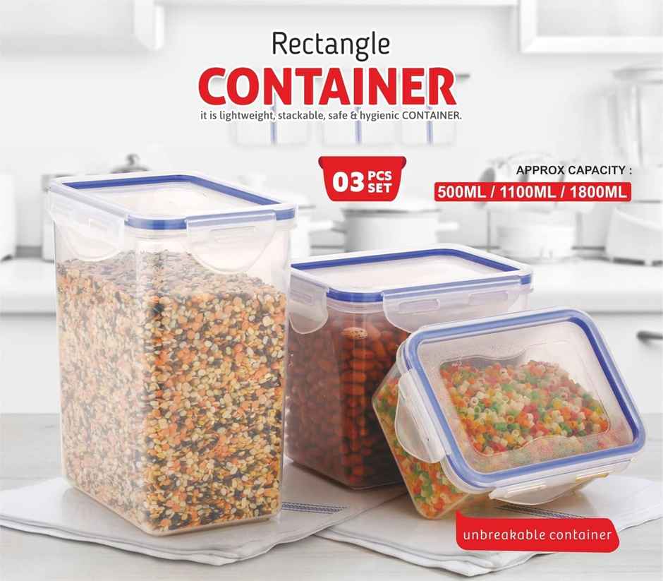 Clazkit Rectangle Plastic Storage Jar and Container Set of 3 |Transparent |500ml, 1100ml, 1800ml