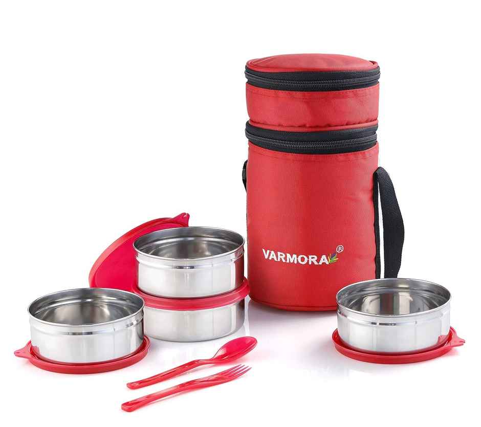 Varmora SS Quattro Lunch Box, Raspberry Pink- 4 Storage Containers (390 ml ) with Spoon and Fork