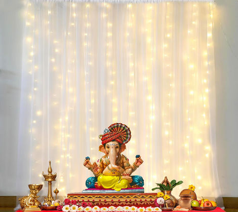 Party Propz Navratri/Festive/ Party Decoration Combo (2 pcs Net Curtains, 1 pc Led Lights, 2 pcs Hanger, 1 pc Ribbon)