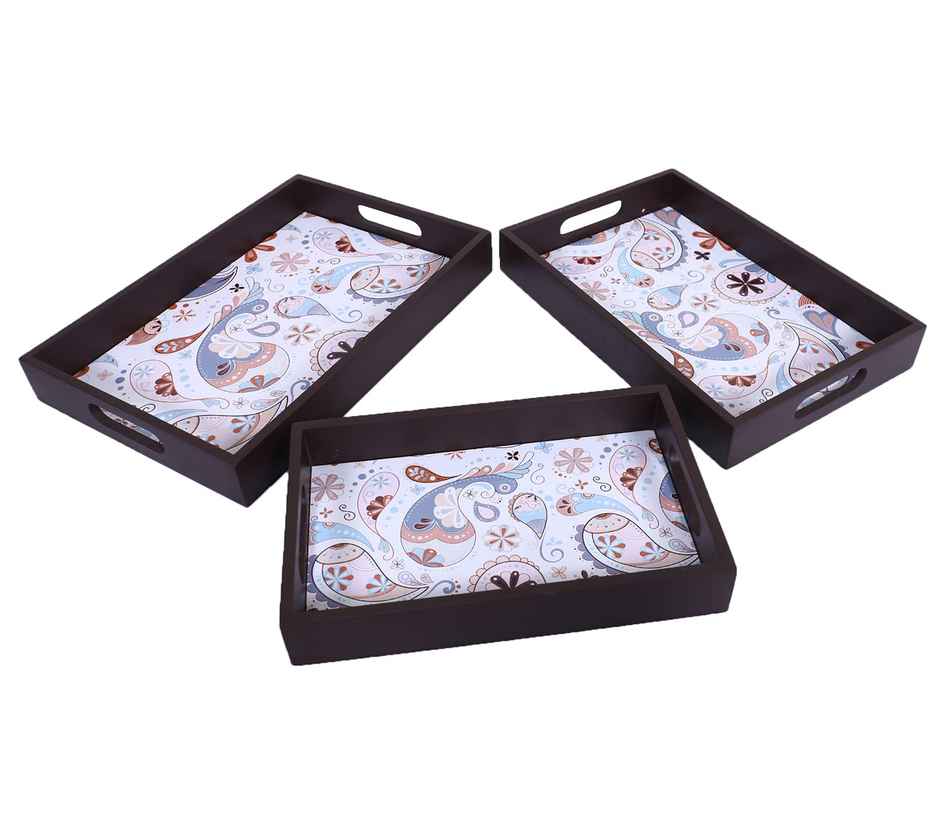 Kuber Industries Set of 3 Wooden Paisley Design Nested Serving Tray Rectangular with Handles|Brown