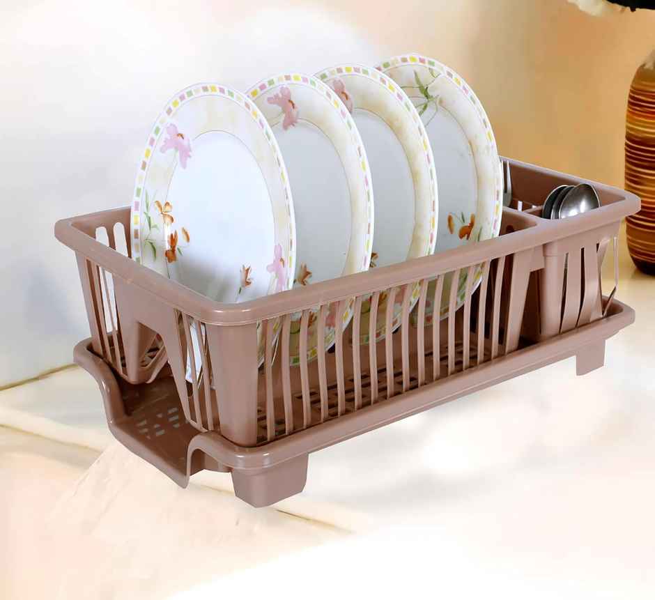 Kuber Industries Plastic Dish Drainer with Tray|Dish Drying Rack for Kitchen | Maple Brown