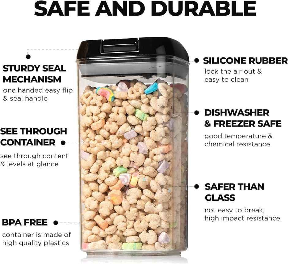 Tex-Ro Black Cap Airtight Plastic Grocery Container for Kitchen Organizer - 1500 ml | Pack of 8