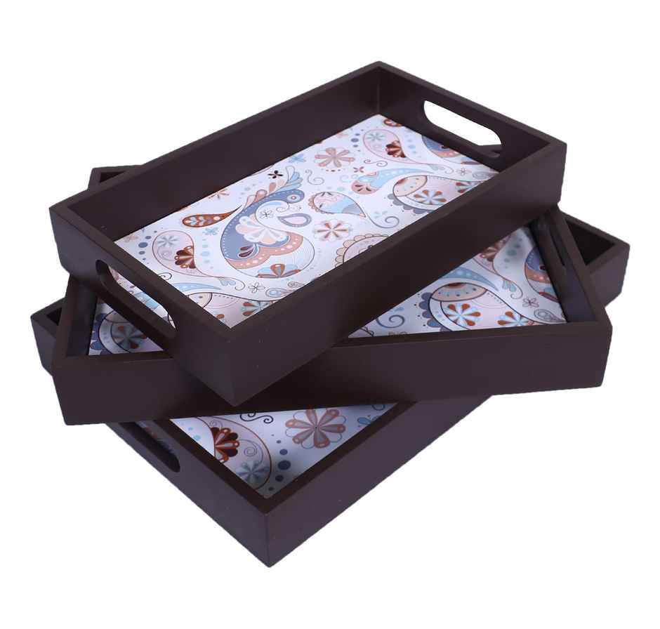Kuber Industries Set of 3 Wooden Paisley Design Nested Serving Tray Rectangular with Handles|Brown