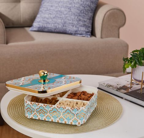 Youbee Dry Fruit Container Tray & Lid Plastic Dry Food Storage Box Gifting Set With 4 Section Blue