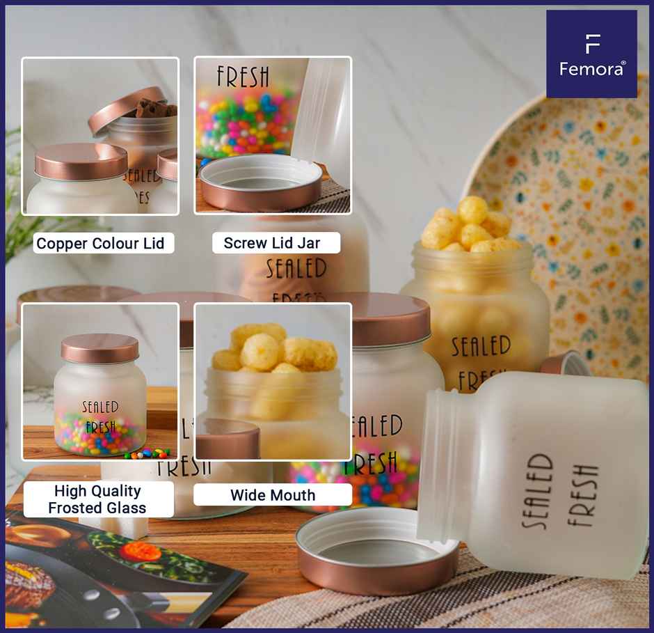 Femora Kitchen Storage Jars Frosted Glass Jar With Steel Lid Air Tight Jar | 700 ml | Golden Lid