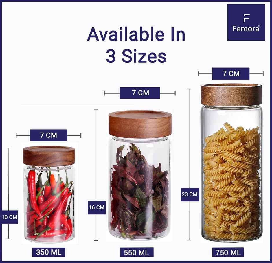 Femora Wooden Lid Screw Jar Air Tight 750Ml 1 Pc Borosilicate Glass