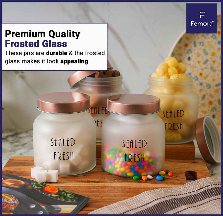 Femora Kitchen Storage Jars Frosted Glass Jar With Steel Lid Air Tight Jar | 1500 ml | Golden Lid