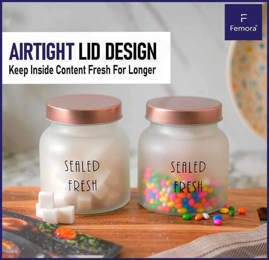 Femora Kitchen Storage Jars Frosted Glass Jar With Steel Lid Air Tight Jar | 700 ml | Golden Lid