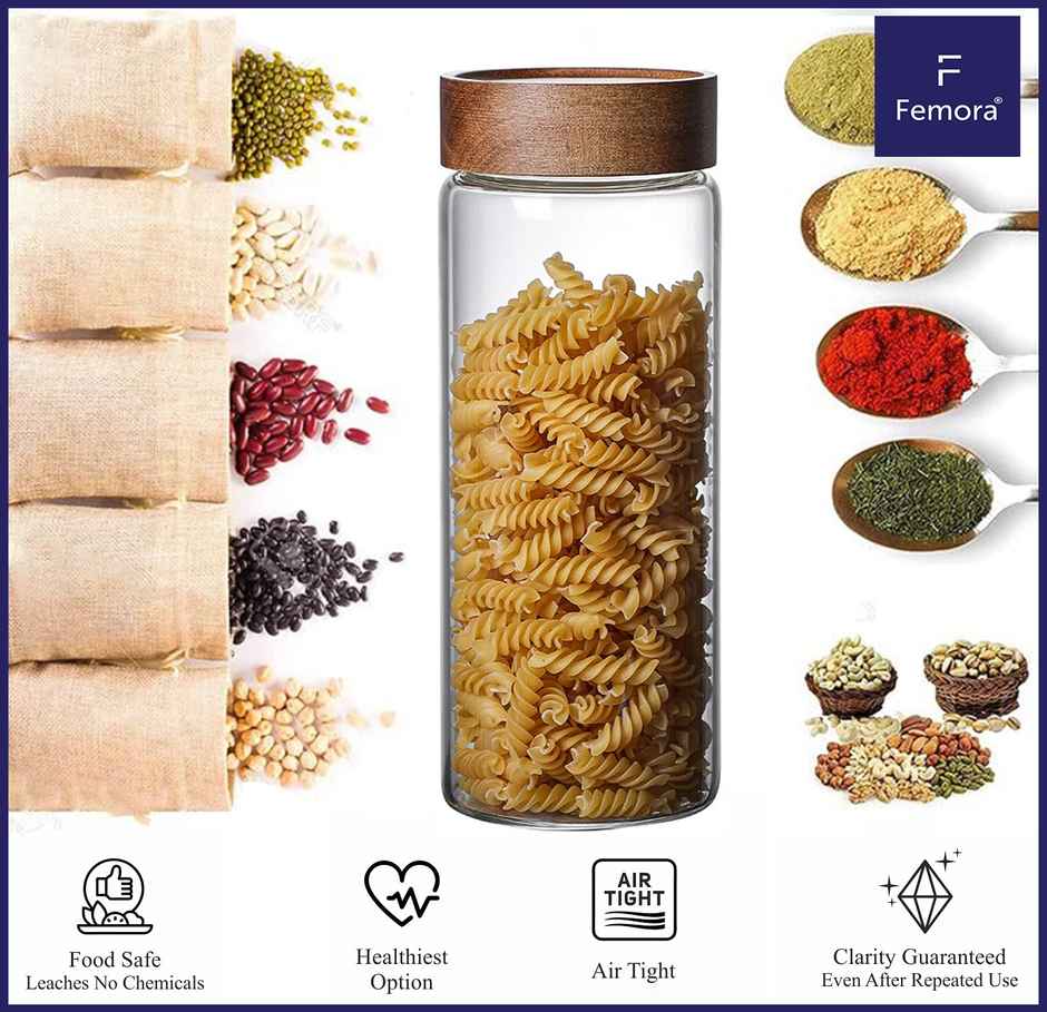 Femora Wooden Lid Screw Jar Air Tight 750Ml 1 Pc Borosilicate Glass