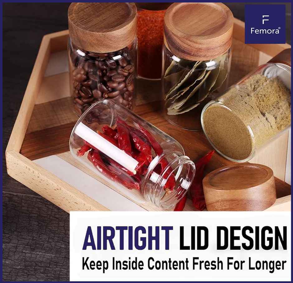 Femora Wooden Lid Screw Jar Air Tight 750Ml 1 Pc Borosilicate Glass