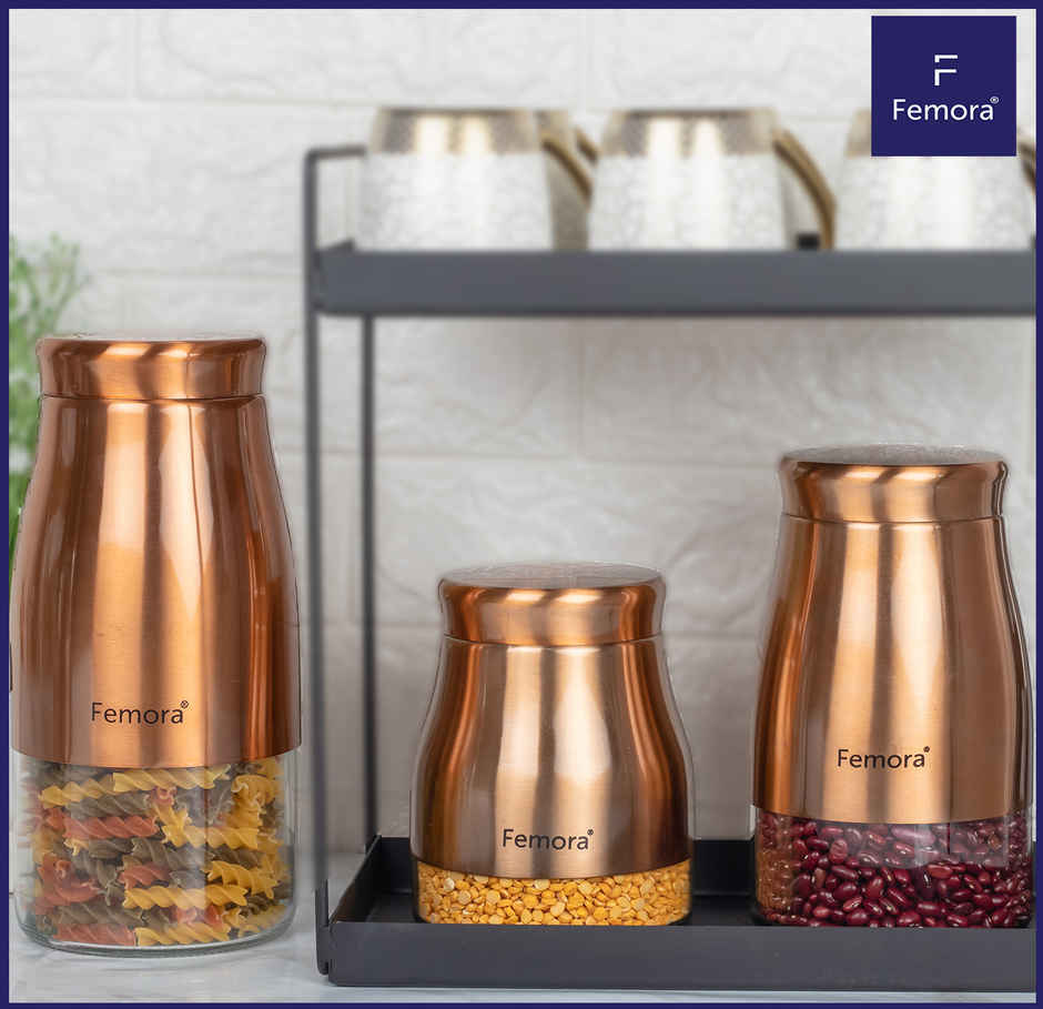 Femora Kitchen Storage Jars Copper Finish With See Through Bottom Jar, 1300 ml, Pack Of 1