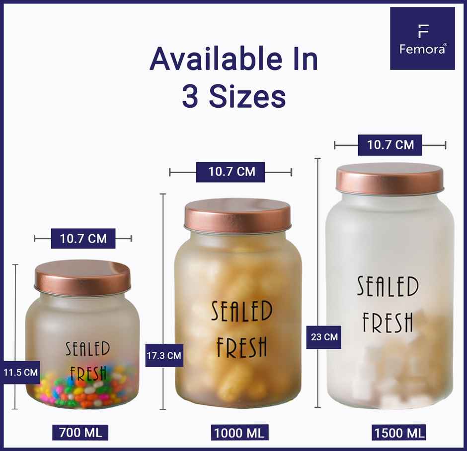 Femora Kitchen Storage Jars Frosted Glass Jar With Steel Lid Air Tight Jar | 1500 ml | Golden Lid