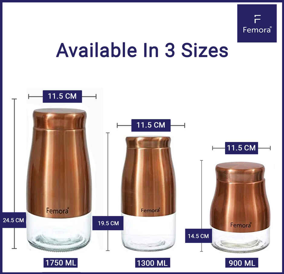 Femora Kitchen Storage Jars Copper Finish With See Through Bottom Jar, 1300 ml, Pack Of 1
