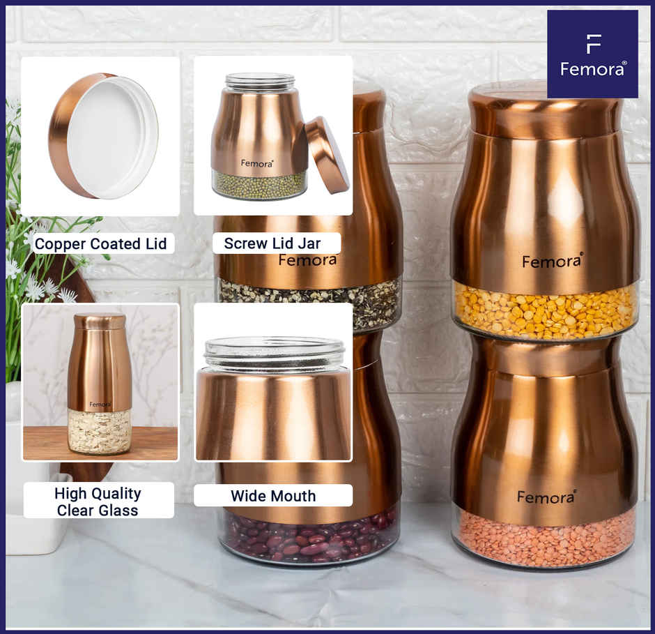 Femora Kitchen Storage Jars Copper Finish With See Through Bottom Jar, 1300 ml, Pack Of 1