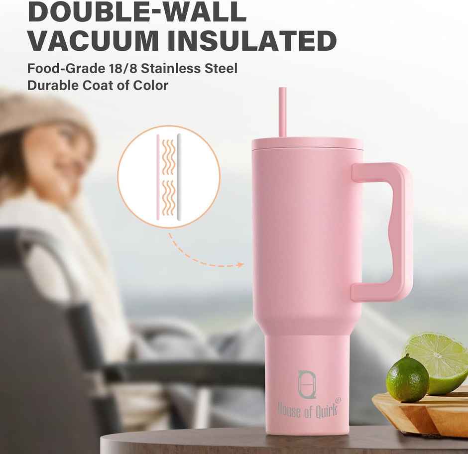 House of Quirk Stainless Steel Tumbler with Handle & Lid, 2 Straws | Misty Rose - 1200 ml