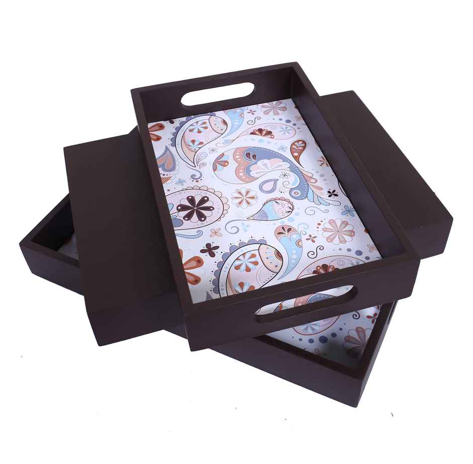 Kuber Industries Set of 3 Wooden Paisley Design Nested Serving Tray Rectangular with Handles|Brown