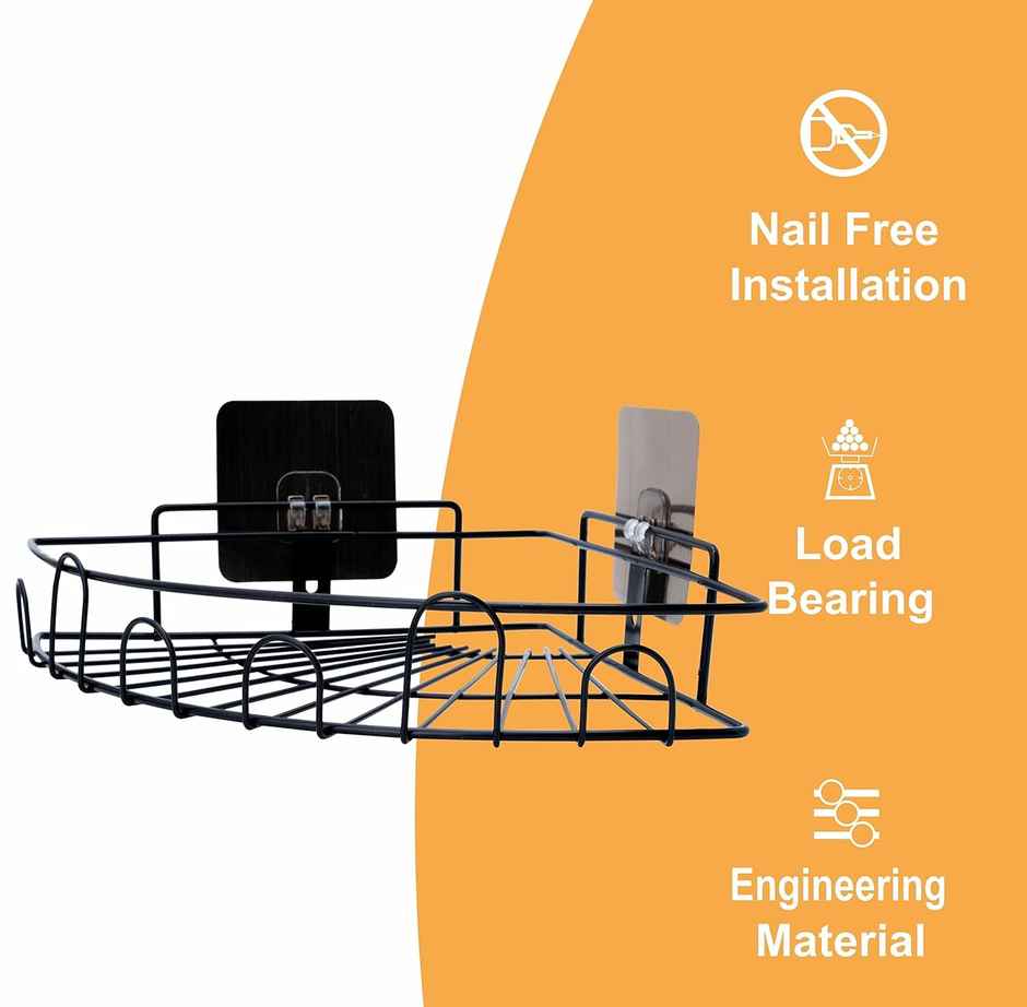 Zedak Self Adhesive Bathroom Corner Shelf  | Racks With Hooks | Metal | Black