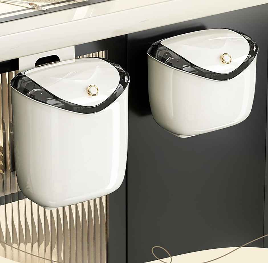 House of Quirk Plastic Hanging Trash Can with Lid Dual Sided Cabinet Door Hanging Wall Storage Bucket for Kitchen | Cream