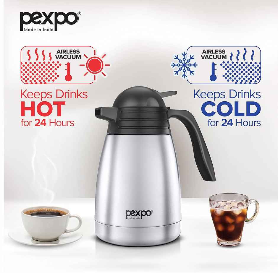 Pexpo Cosmo Stainless Steel Thermal Carafe | 1 L | Silver | Coffee/Tea Carafe Heat & Cold Retention