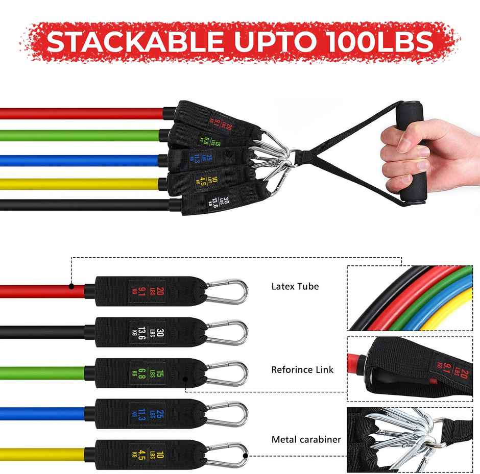 Boldfit Resistance Tube 11 Pc - Complete 11-Piece Resistance Tube Set For Full-Body Training