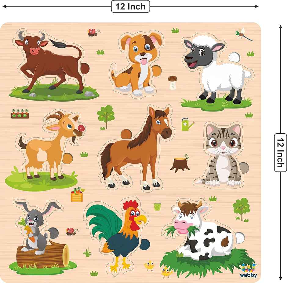 Webby Wooden Farm Animals Montessori Educational Pre-School Puzzle Board Toy for Kids