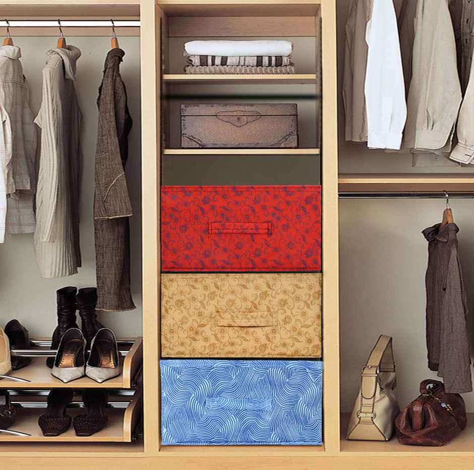 Kuber Industries Set of 3 Laheriya Metallic Non Woven Closet Organizer Box (Blue & Red & Beige)