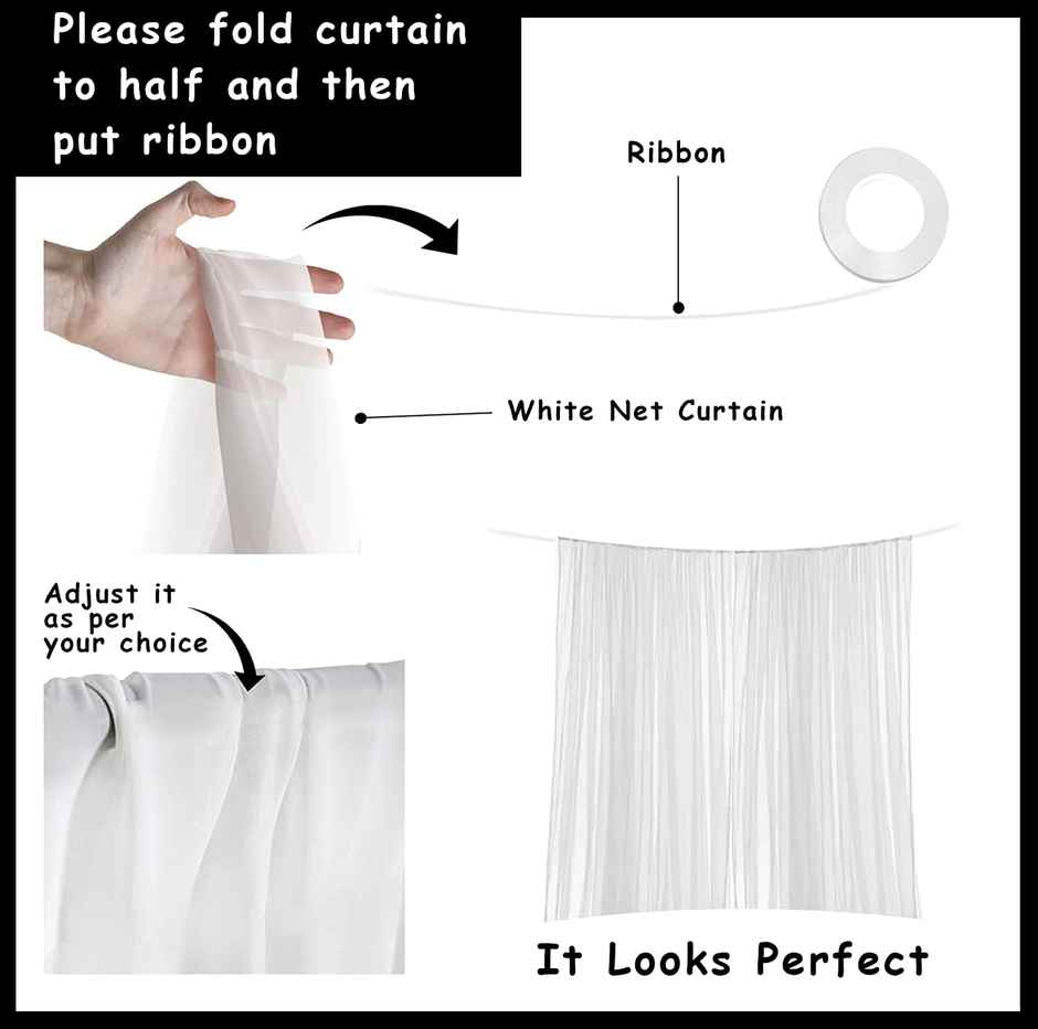Festive/ Party Decoration Combo | 2 Pcs White Net Curtains, 2 Pcs Led Fairy Lights, 1 Pc Ribbon