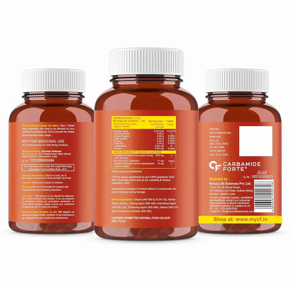 Carbamide Forte Natural Vitamin C Amla Extract With Zinc For Immunity & Skincare - 120 Veg Tablets