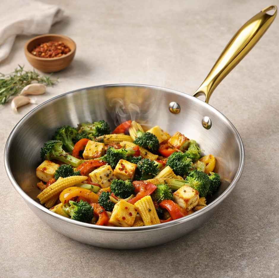 Solara MontClaire Triply Stainless Steel Fry Pan | Golden Handle | 22 cm | 1.7 L