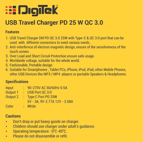 Digitek 25W Usb-C Pd & Qc Power Delivery Pd3.0 Dual Port Fast Wall Charger Typec Devices Dmqc Pd25W