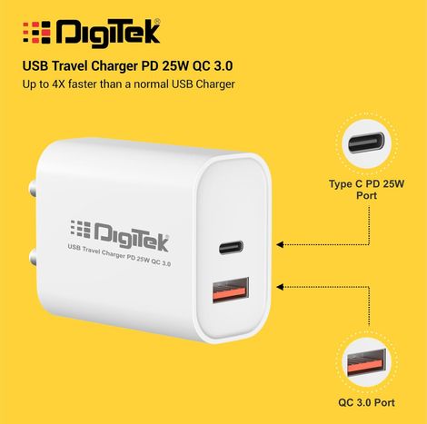 Digitek 25W Usb-C Pd & Qc Power Delivery Pd3.0 Dual Port Fast Wall Charger Typec Devices Dmqc Pd25W
