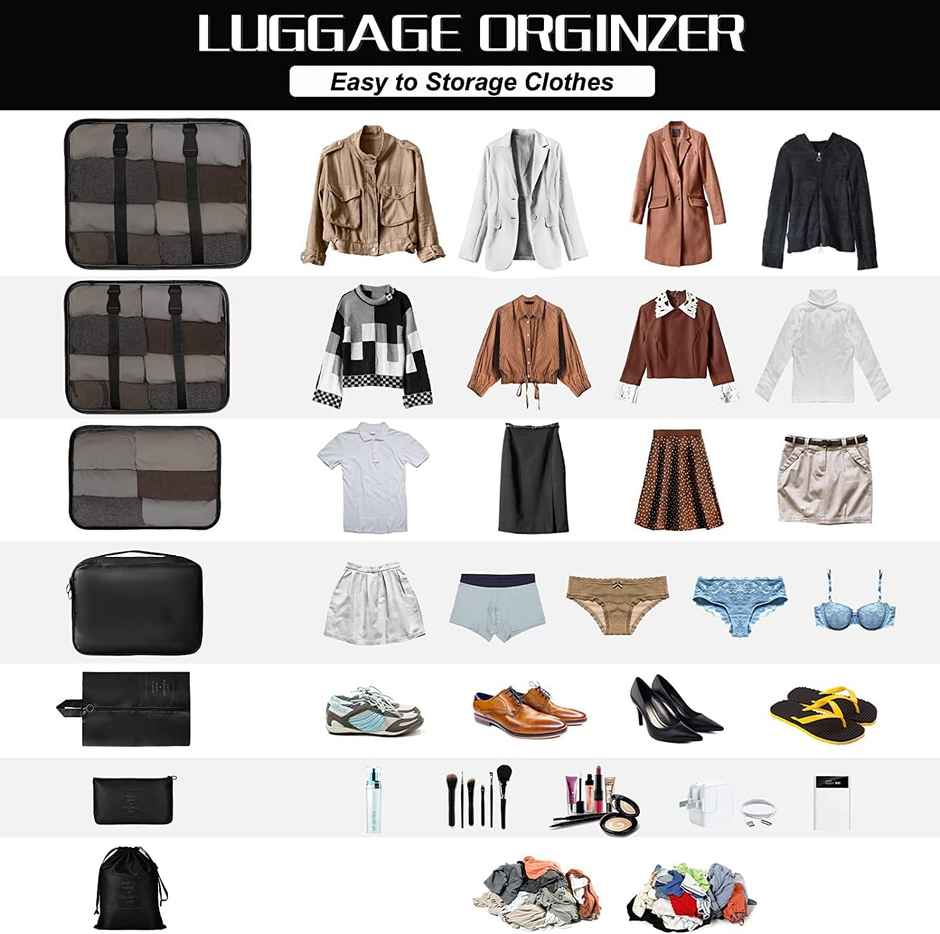 Lazer Polyester Travel Organizer Bag 3 Packing Cubes + 3 Pouches + 1 Toiletry Organizer Bag | Black
