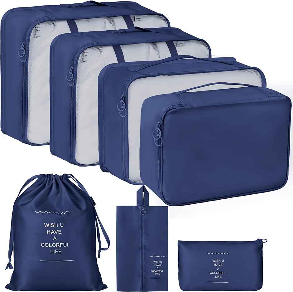 Lazer Polyester Travel Organizer Bag 3 Packing Cubes + 3 Pouches + 1 Toiletry | Dark Blue