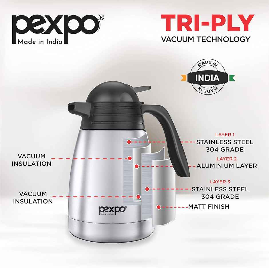 Pexpo Cosmo Stainless Steel Thermal Carafe | 1 L | Silver | Coffee/Tea Carafe Heat & Cold Retention