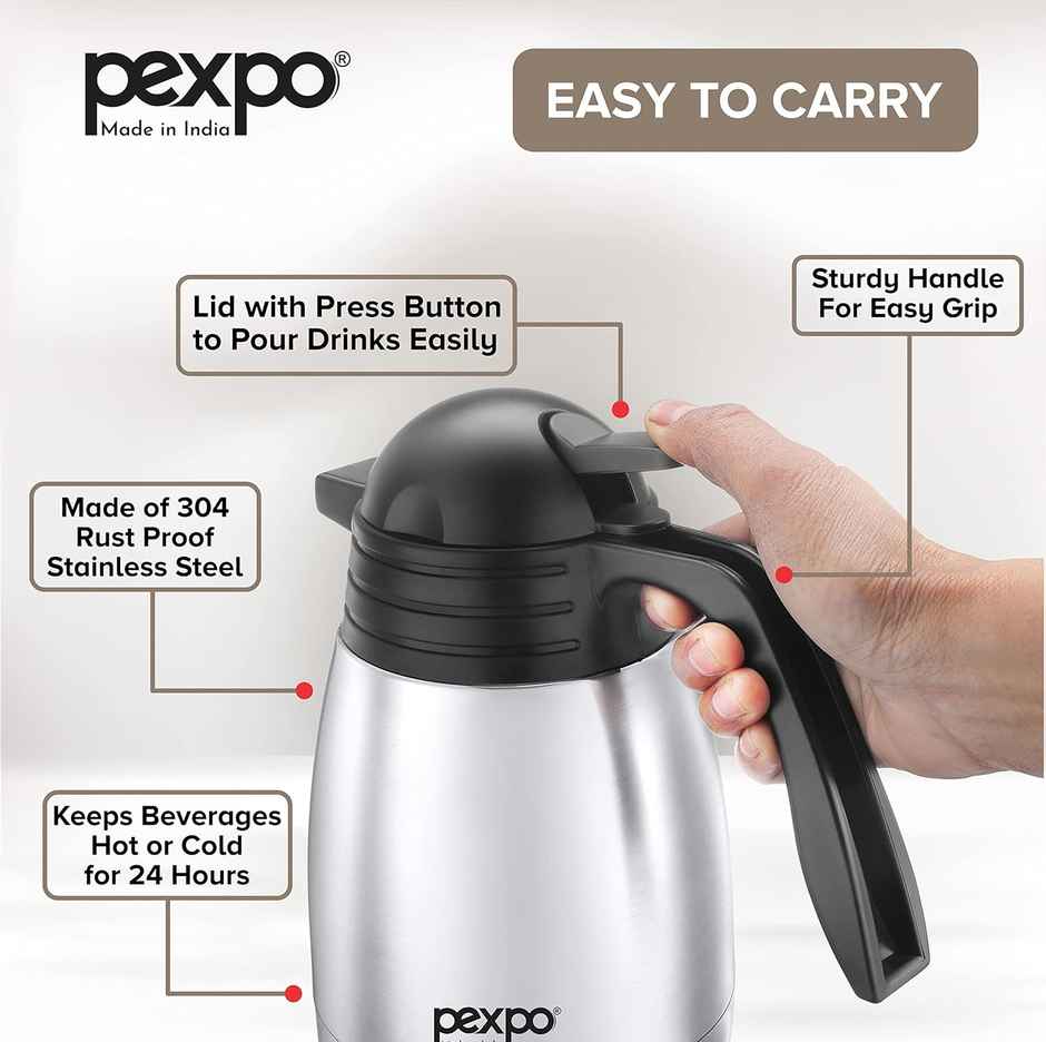 Pexpo Cosmo Stainless Steel Thermal Carafe | 1 L | Silver | Coffee/Tea Carafe Heat & Cold Retention