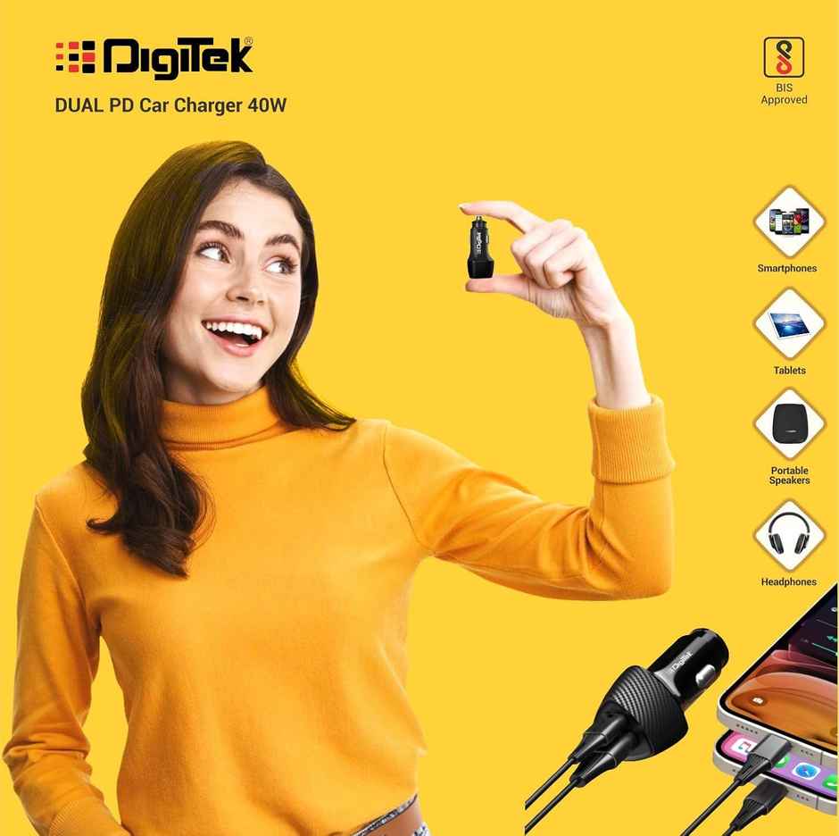 Digitek Dmc 2Pd 40W Fast Car Charger With Dual Output, 40 Watts Total (20W + 20W Type C Pd) (Black)