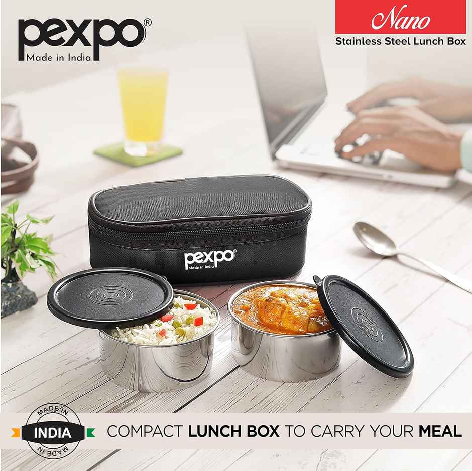 Pexpo Stainless Steel Lunch Box With 2 Leakproof Air-Tight Round Container & Cover Bag (Black) Nano
