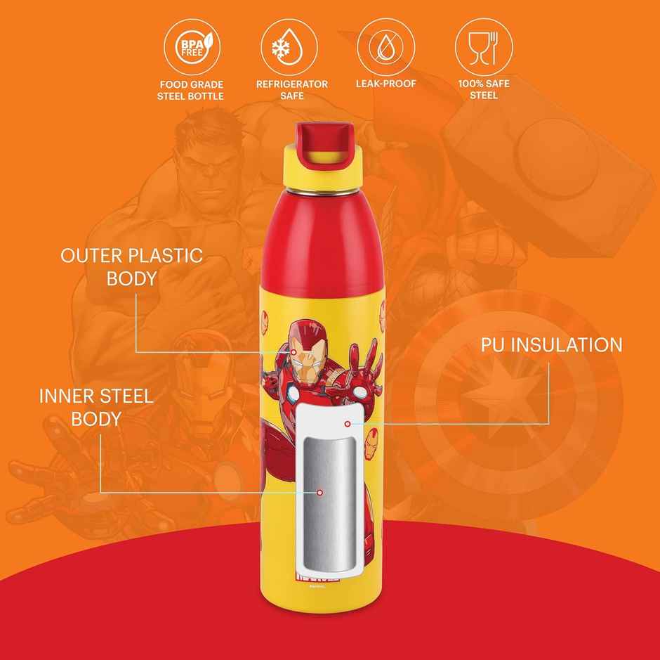 CELLO Kidzbee Uranus 600 Iron Man Print Water Bottle 540ml, Yellow | Leakproof