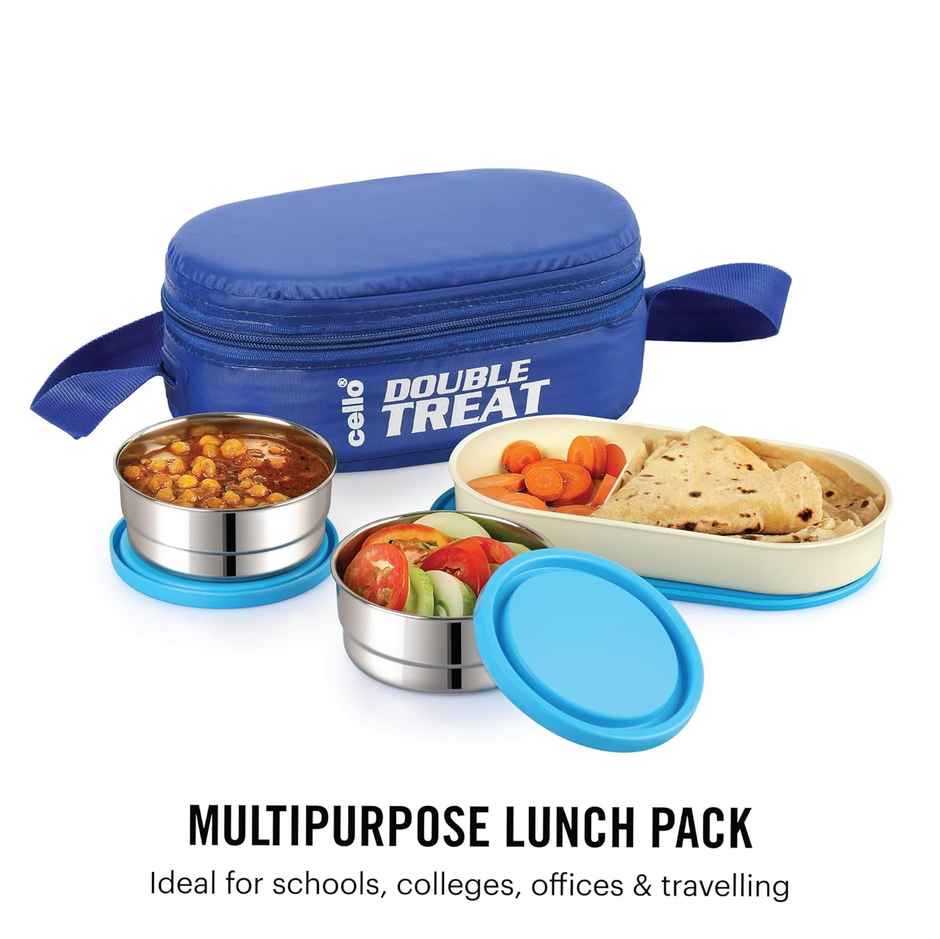 Cello Double Treat Lunch Box with Jacket (2 Unit Container - 300 ml, 1 Unit Oval Container) | Blue