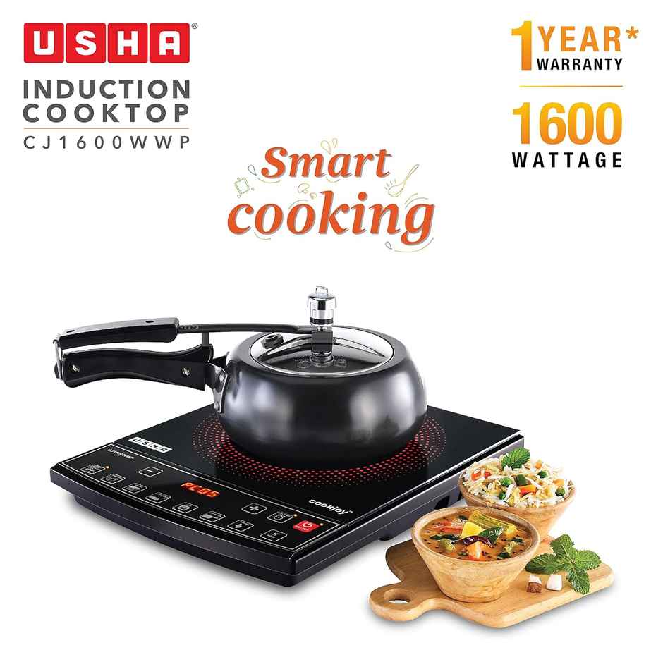 USHA Induction Cooktop|1600 W Push Button| Pan Sensor| 6 Pre-Set Menu| 8-Stage Power Setting|Black