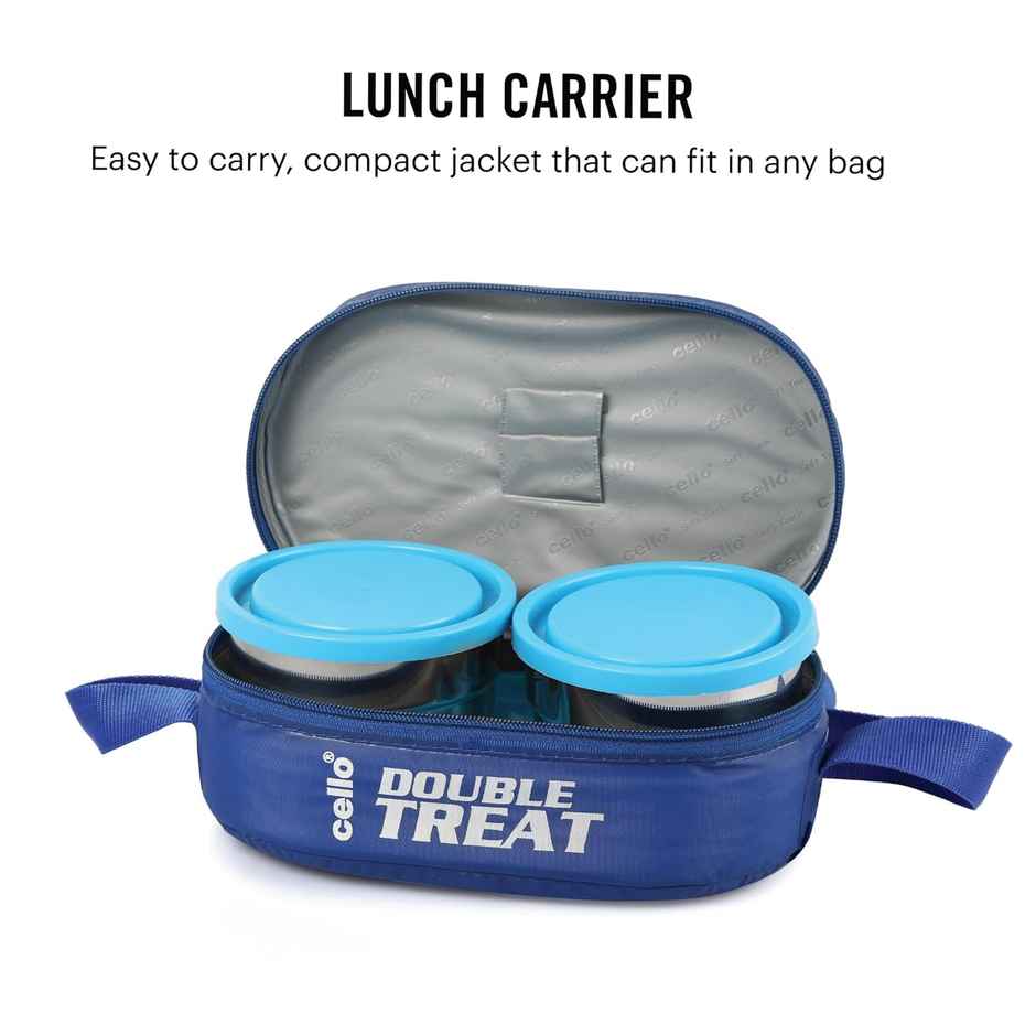 Cello Double Treat Lunch Box with Jacket (2 Unit Container - 300 ml, 1 Unit Oval Container) | Blue