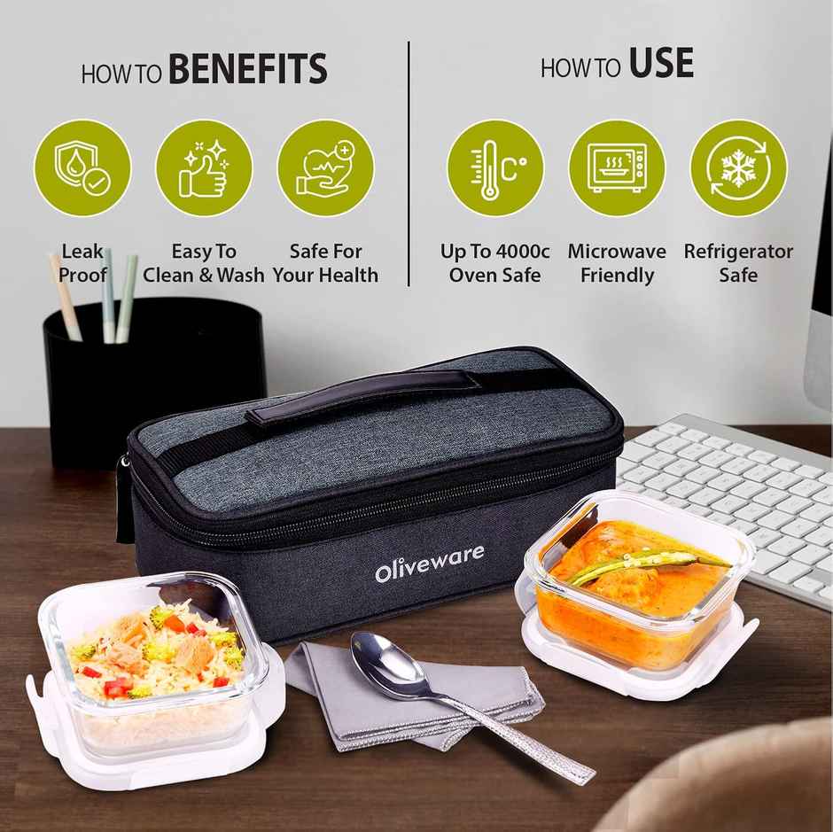 Oliveware Prism Borosilicate Glassware Square Lunchbox Set of 2 - Grey