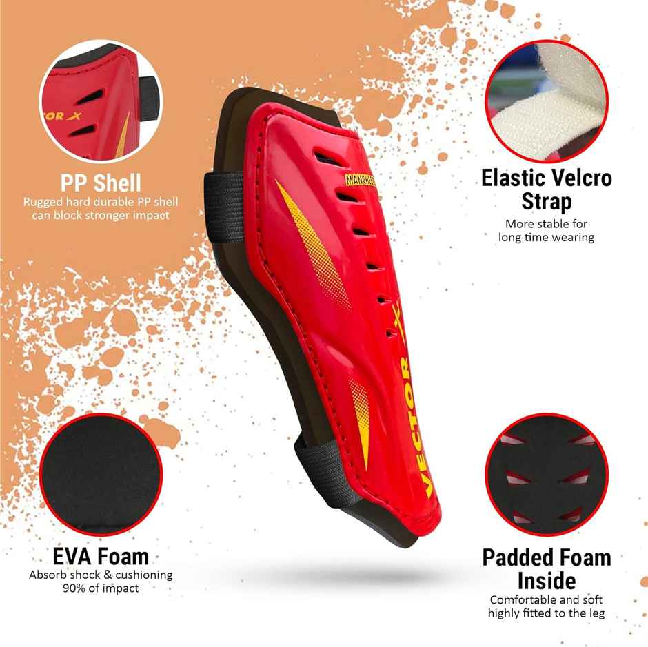 Vector X Manchester Shinguard | Shinguard For Football | Shinguard For Men| Red| Set of 2 | (L)
