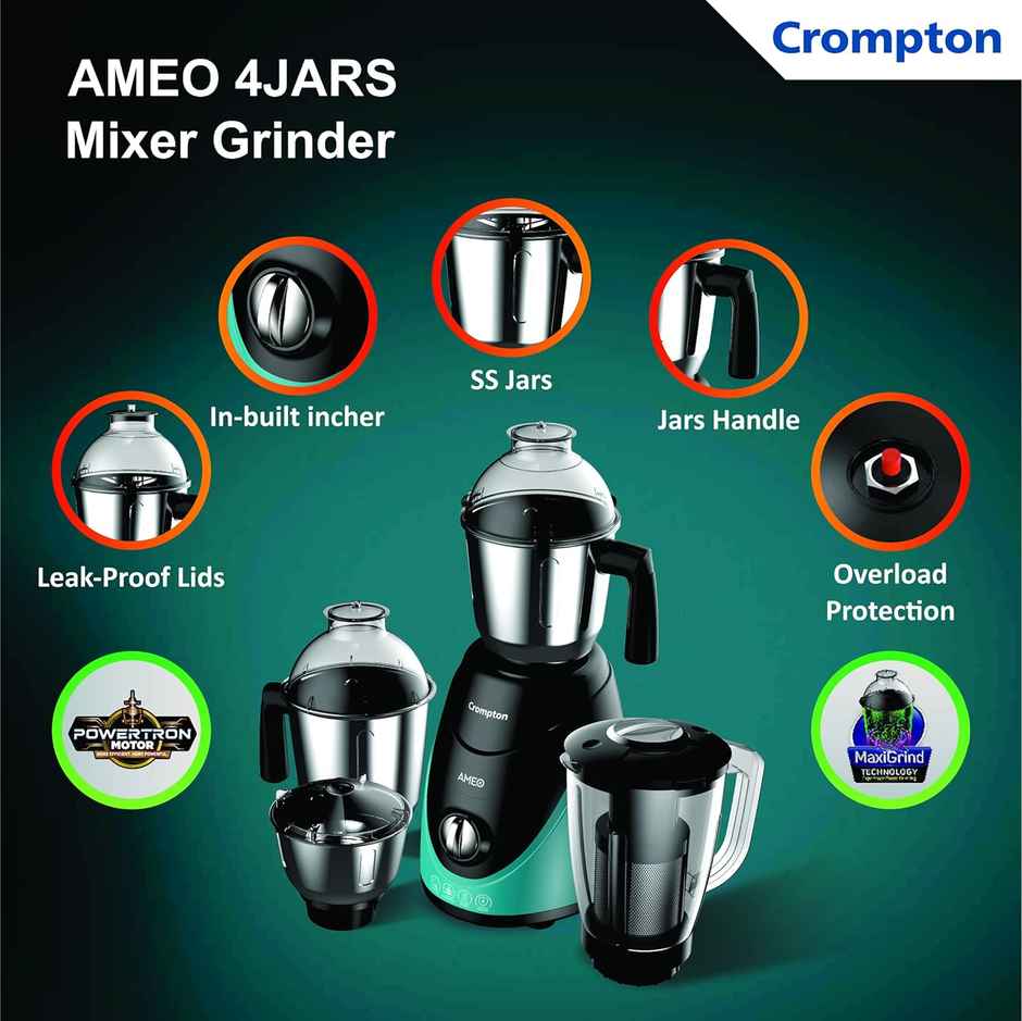 Crompton Ameo 750-Watt Mixer Grinder (3 Stainless Steel Jars And 1 Juicer Jar, Black & Turquoise)