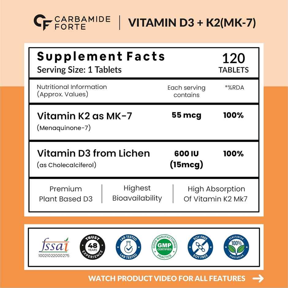 Carbamide Forte Vitamin D Tablets | Vitamin D3 K2 Supplement to support Bone & Heart Health 120 tab