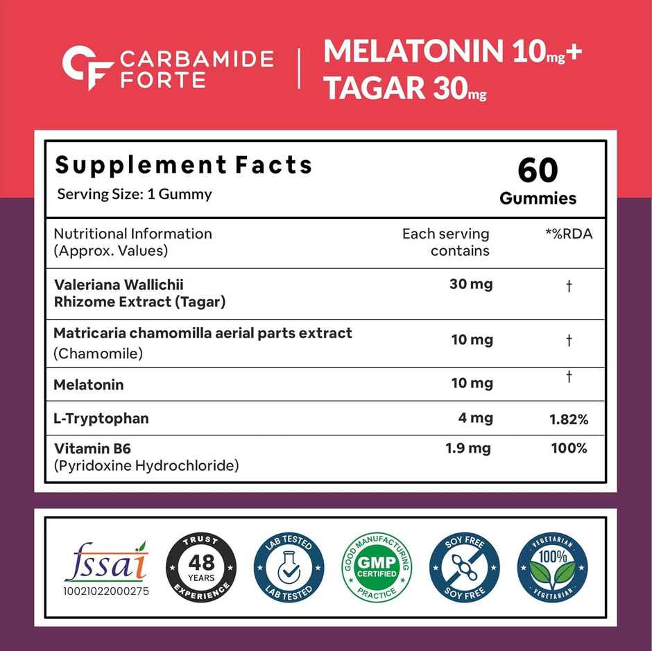 Carbamide Forte Melatonin 10mg sleep Gummies with TAGARA, L Tryptophan & Vitamin B6 Sleep Supplement