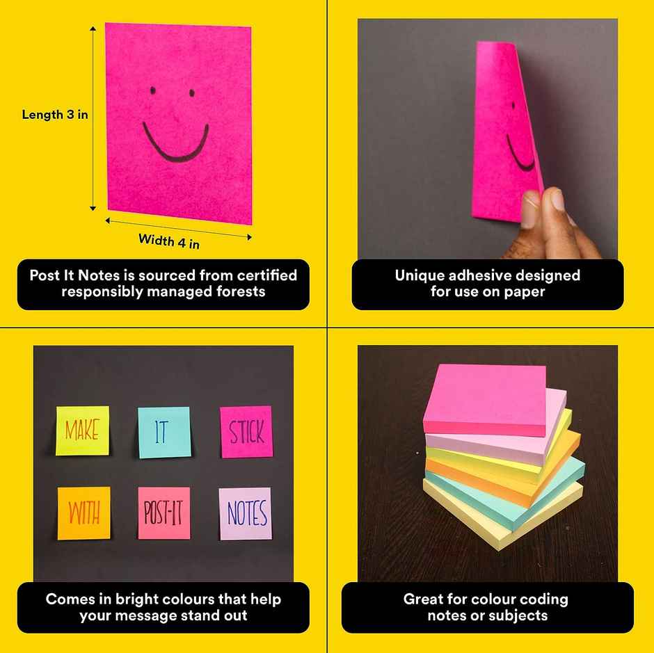 Post-it Sticky Notes - 3" X 3" | Multicolour | Paper | Square | 200 Sheets Combo